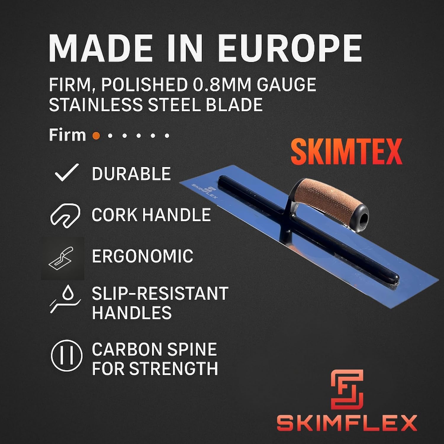 Skimflex Plastering Trowel – Stainless Steel Finishing Tool with Cork Handle for Plaster, Render & Skim Work