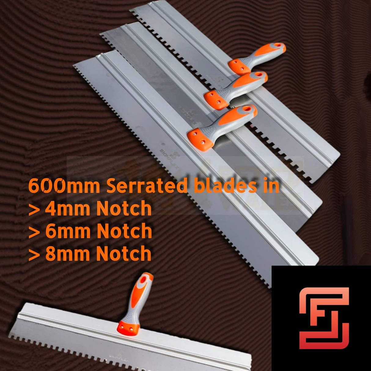 Serrated Plastering Spatula 600mm Square Notch – 4mm, 6mm, 8mm – Skimflex Pro Rubber Grip Finishing Tool