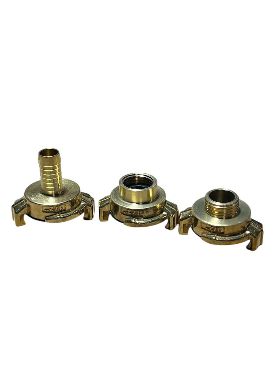 1/2 inch Geka type claw fittings including hose tail, male BSP and female BSP for air and water