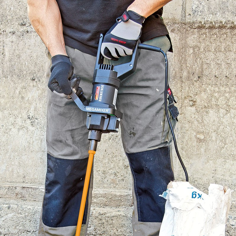 Refina MM19 plaster mixer in use mixing finish plaster in a bucket on site with 130mm spiral paddle