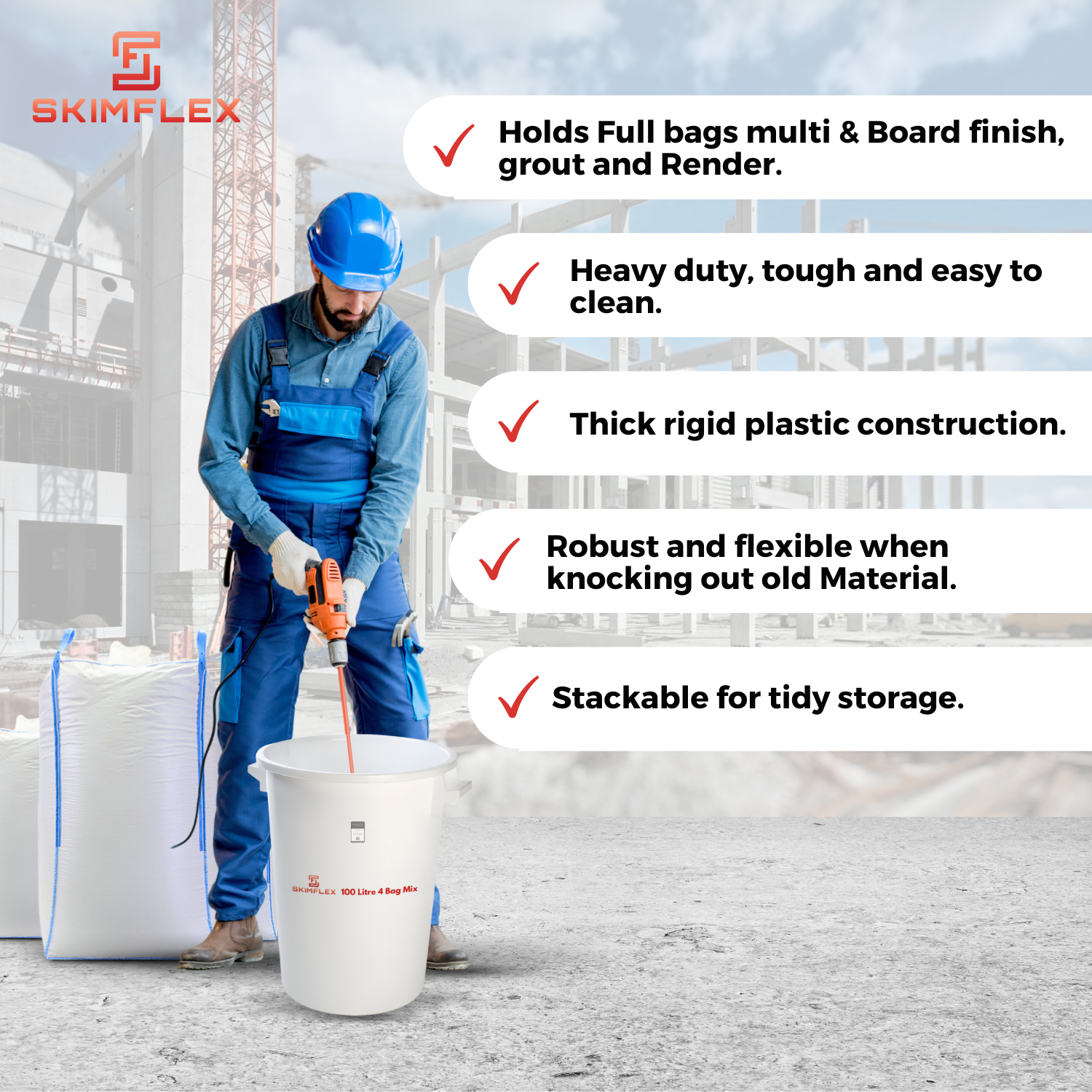 Skimflex Heavy Duty Mixing Buckets – 50L, 75L, 100L, 125L (Single & Multi-Pack)