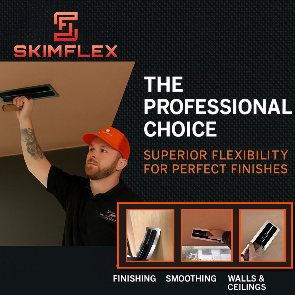 Plasterer skimming a ceiling with a cork handle skimflex flexi trowel