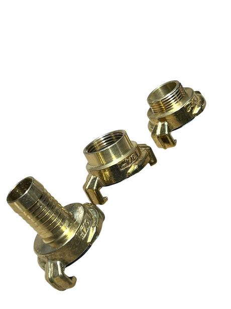 3/4 inch Geka type claw fittings including hose tail, male BSP and female BSP for air and water