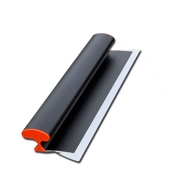 A Skimflex flexible stainless steel plastering spatula with an ergonomic handle and a black and orange color scheme.