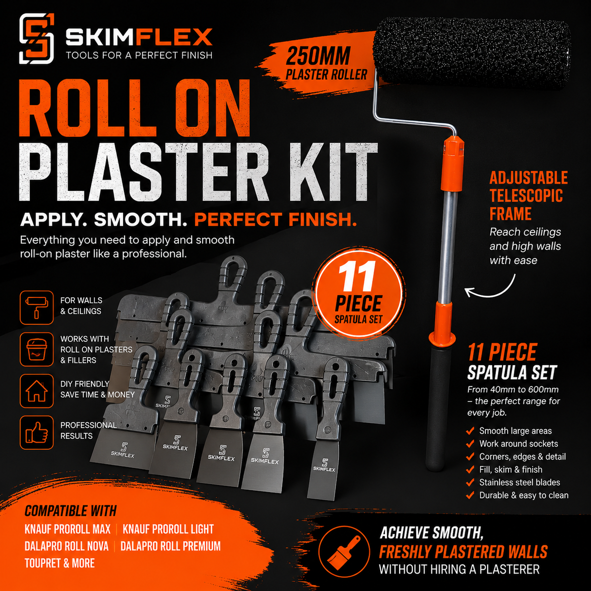 Roll On Plaster Kit – Skimflex Plaster Roller & 11 Piece Spatula Set