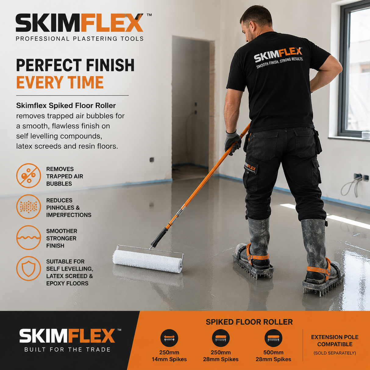 Skimflex spiked floor roller removing trapped air bubbles from self levelling floor screed. Professional flooring contractor using a 500mm aeration roller with spiked shoes to achieve a smooth finish on a resin and latex floor.