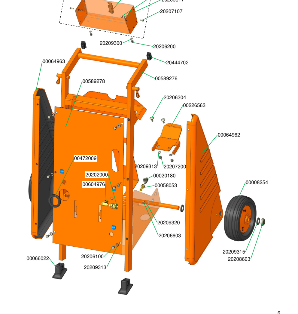 A screenshot of a technical exploded-view diagram showing an orange piece of farm machinery with labeled parts, displayed in a software interface with a sidebar of similar diagrams.