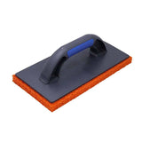 A medium-sized orange Refina sponge float with a black handle and blue accent on the handle, used for wall patching and plastering. From PFT Wales