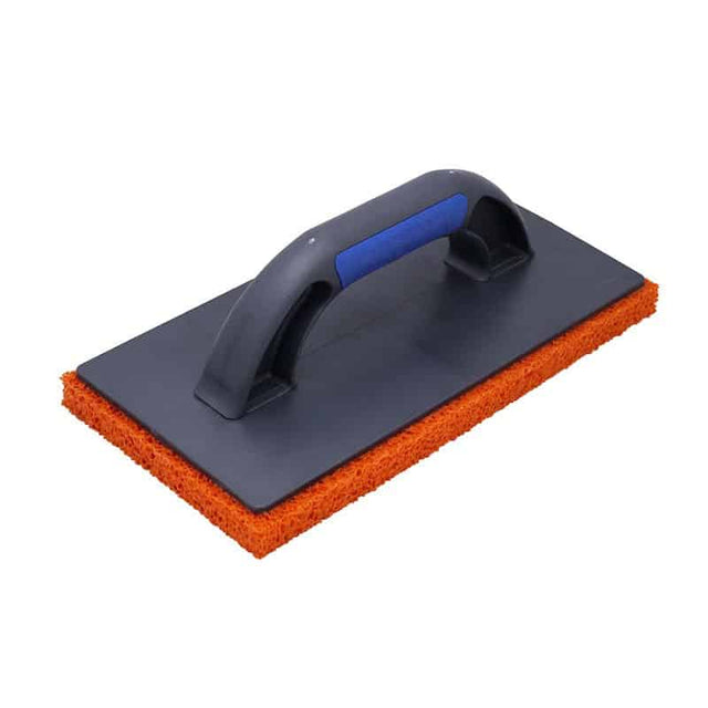 A medium-sized orange Refina sponge float with a black handle and blue accent on the handle, used for wall patching and plastering. From PFT Wales