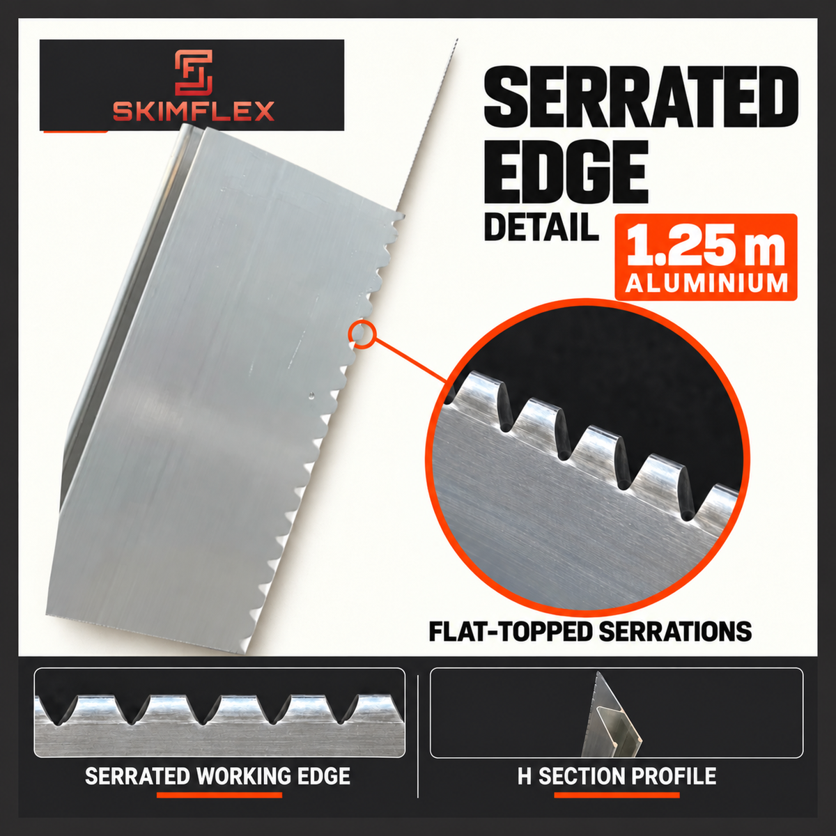 Detailed view of the Skimflex aluminium serrated feather edge teeth designed for levelling wet render and removing trapped air.