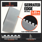 Detailed view of the Skimflex aluminium serrated feather edge teeth designed for levelling wet render and removing trapped air.