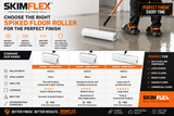 Skimflex spiked floor roller comparison chart showing 250mm 14mm spikes, 250mm 28mm spikes and 500mm 28mm spikes. Professional self levelling compound roller range for screed, resin and epoxy flooring applications.
