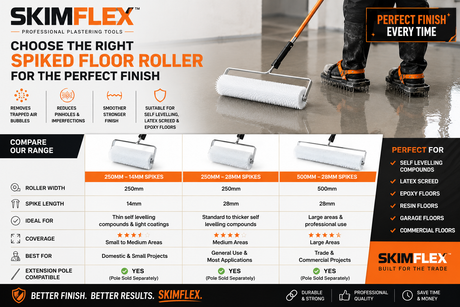 Skimflex spiked floor roller comparison chart showing 250mm 14mm spikes, 250mm 28mm spikes and 500mm 28mm spikes. Professional self levelling compound roller range for screed, resin and epoxy flooring applications.
