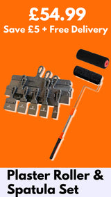 Skimflex plastering tool kit with 11 piece stainless steel spatula set, plaster roller, roller frame, extendable handle and spare roller sleeve