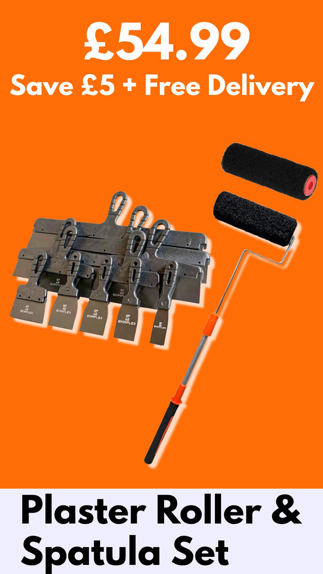 Skimflex plastering tool kit with 11 piece stainless steel spatula set, plaster roller, roller frame, extendable handle and spare roller sleeve