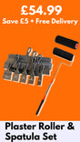Skimflex plastering tool kit with 11 piece stainless steel spatula set, plaster roller, roller frame, extendable handle and spare roller sleeve