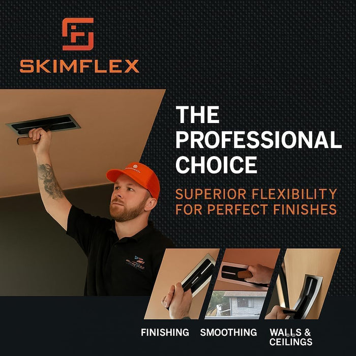 Skimflex Plasterer using Ultraflexible ceiling finishing trowel and pictures showing how flexible it is