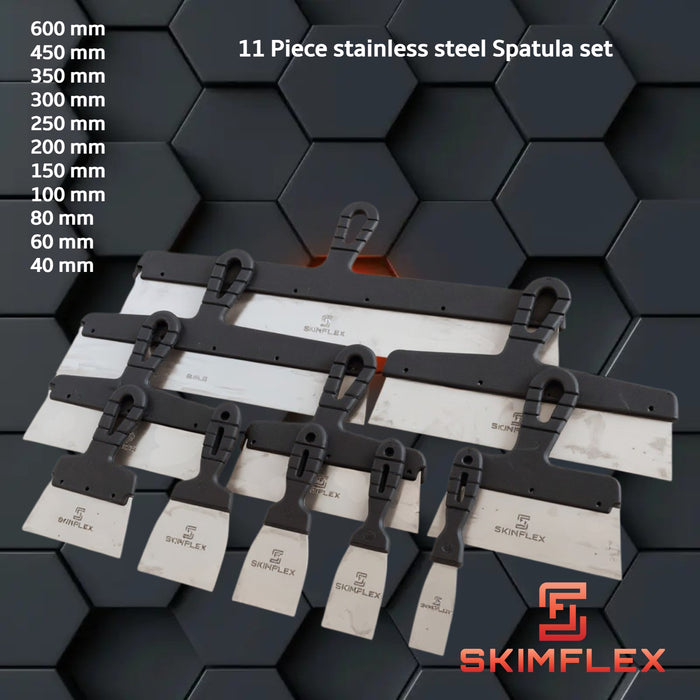 11-piece stainless steel spatula set with measurements on a dark geometric background, featuring the Skimflex brand.