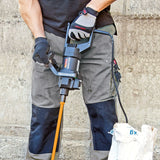 Refina MM19 plaster mixer in use mixing finish plaster in a bucket on site with 130mm spiral paddle
