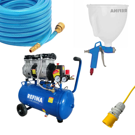 Refina air compressor with blue hose, air hopper texture spray gun 110 volt 