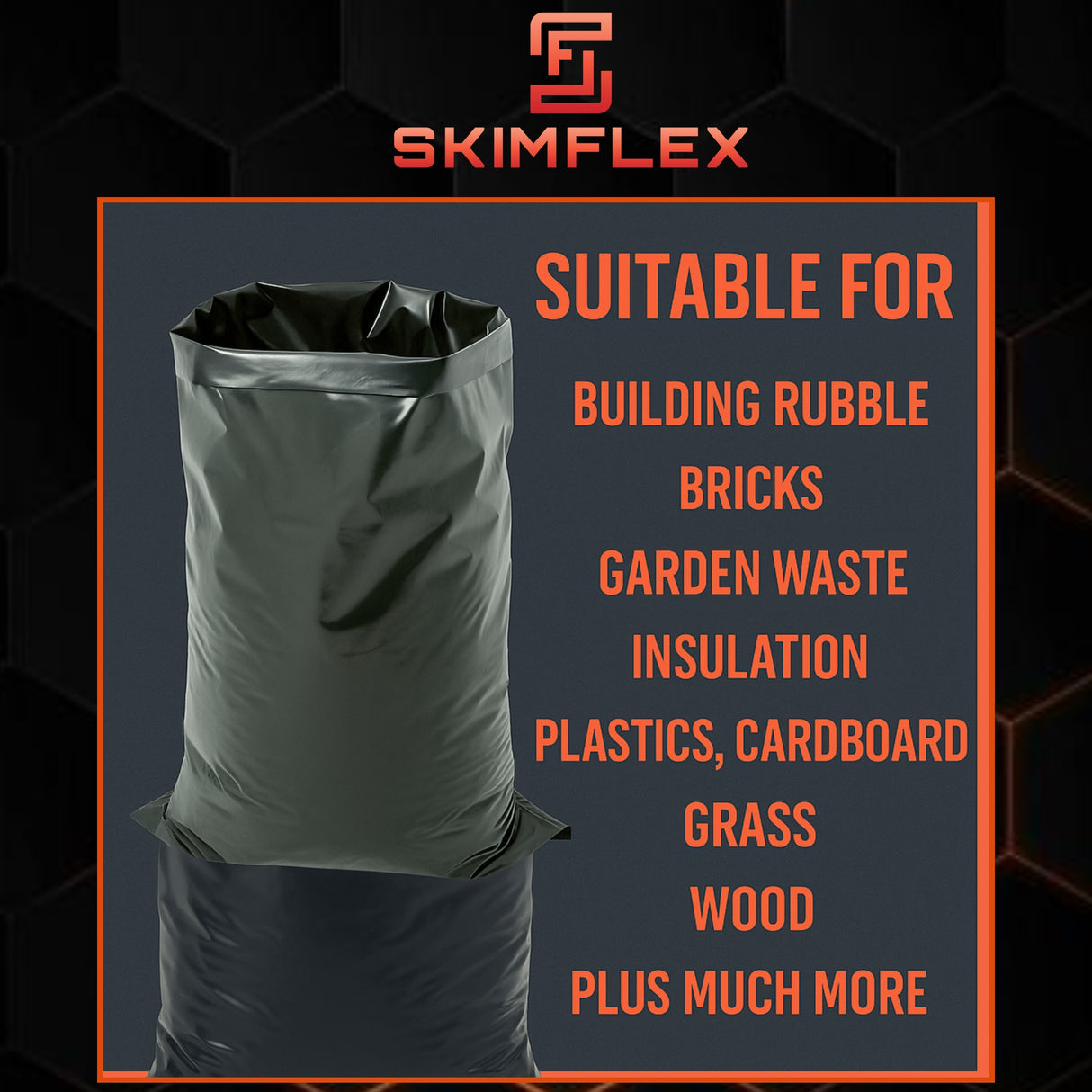 Skimflex 120/240L Heavy Duty Rubble Sacks – 75 Micron Black Builders Waste Bags (Roll of 10)