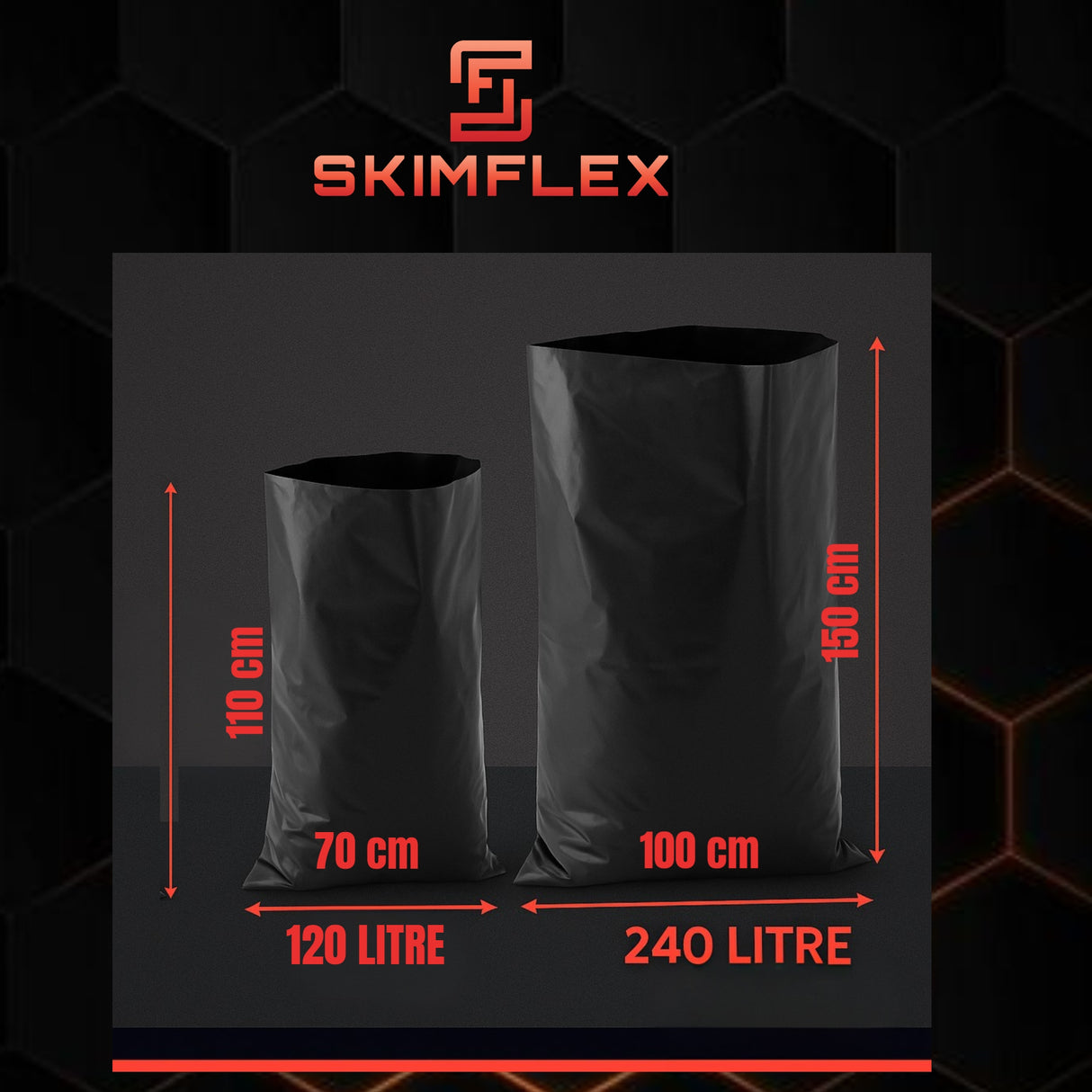 Skimflex 120/240L Heavy Duty Rubble Sacks – 75 Micron Black Builders Waste Bags (Roll of 10)